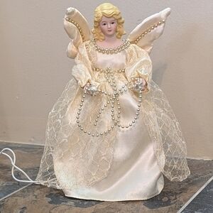 Porcelain Angel Vintage 10 inch Gold Beaded Lighted Christmas Tree Topper